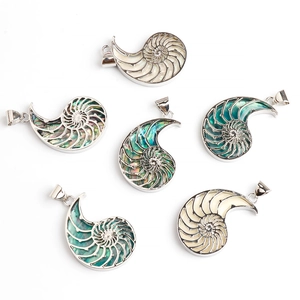Detailed set of six nautilus shell pendants with natural abalone shell inlay