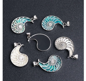Detailed view of silver shell pendants with abalone and mother of pearl inlays