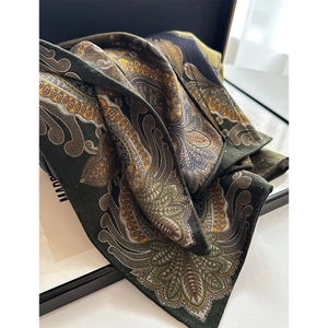 Vintage paisley silk blend square scarf in deep green for elegant daily styling