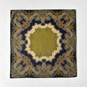 Elegant vintage paisley silk blend square scarf with green and yellow mandala pattern