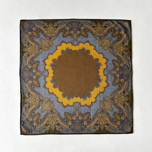 Vintage paisley silk blend square scarf with retro patterns in brown and yellow tones