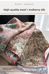 Détail d'écharpe en soie et laine à motif tropical avec bord rose roulé à la main