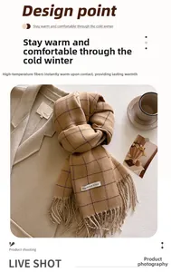 Detail of warm thermal fiber plaid scarf with tassels on beige wool coat background