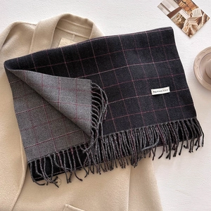 Detail of grey plaid scarf with fringe tassels on a beige coat with autumn props