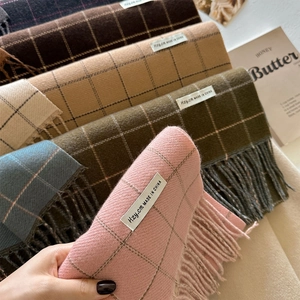 Soft plaid scarves with tassels in pink and camel, minimalist winter warm accessories