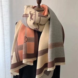 Color-block cashmere-feel scarf with horse pattern and delicate fringe trim