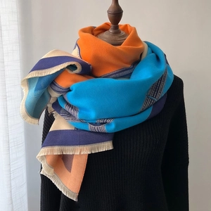 Women Scarf Shawl Elegant Imitation Cashmere Equestrian Horse Carriage Jacquard Color Block Tassel Warm Pashmina Wrap
