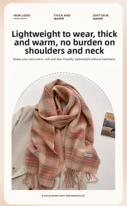 Detail of pink plaid cashmere scarf with fringes draped over a beige suit jacket
