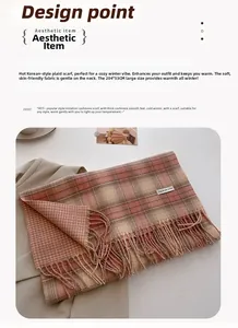 Detail of pink plaid cashmere scarf with fringes, size 204x53cm, soft winter accessory