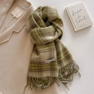 Detail of green and yellow plaid cashmere-like scarf with fringe on a beige coat