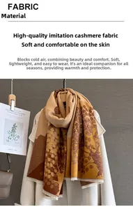 Close-up of premium imitation cashmere scarf featuring autumn tree patterns and fringe details