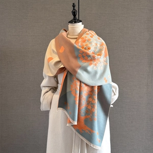 Vintage jacquard scarf with orange tree patterns and long fringe for winter warmth