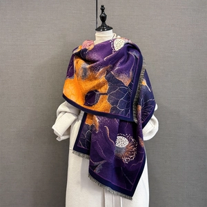 Écharpe Châle En Imitation Cachemire Jacquard De Lotus Grand Wrap D'Hiver Chaud Avec Glands Pour Femme Style Peinture
