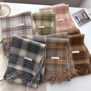 Winter Scarf Imitation Cashmere Plaid Checkered Tassel Warm Thick Vintage Accessory For Women