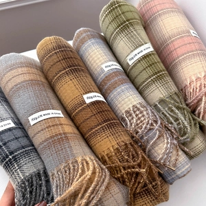 Classic plaid imitation cashmere scarf with tassels in various pastel colors