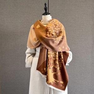 Winter Scarf Shawl For Women Imitation Cashmere Tree Leaf Jacquard Vintage Warm Tassel Wrap For Autumn Winter