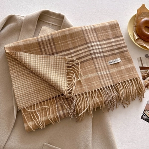 Close-up of earth-toned plaid scarf texture with tassel fringe and white woven label