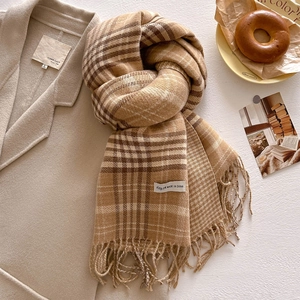Detail of classic khaki plaid scarf texture with tassel trim and brand label on coat