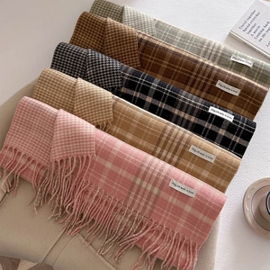 Women Winter Plaid Scarf Imitation Cashmere Warm Long Tassel Shawl Vintage Checkered Wrap Soft Fashion Commute Neck Scarf