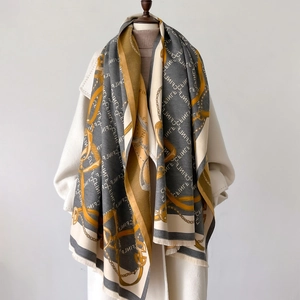 Letter Jacquard Imitation Cashmere Scarf Shawl Thickened Warm Neck Wrap Tassels Chain Pattern Women Autumn Winter