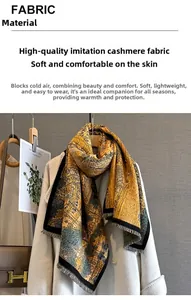Close-up of imitation cashmere scarf with oil painting landscape and fringe detail
