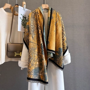 Oil painting style cashmere blend scarf shawl with vintage landscape print in mustard yellow