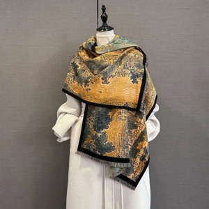 Women Oil Painting Jacquard Scarf Thick Warm Imitation Cashmere Shawl Long Landscape Print Tassel Wrap Winter Autumn