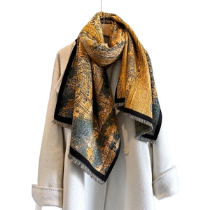 Vintage oil painting style cashmere scarf with mustard yellow landscape print and tassels
