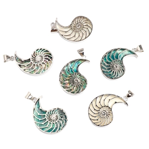 Set of 6 nautilus shell pendants with natural abalone inlays and silver metal frames
