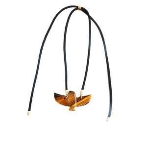 Eagle pendant necklace crafted from natural tiger eye stone with black woven rope cord