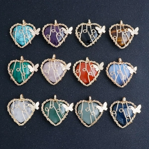 Set of 12 natural amethyst and crystal heart necklaces with wire-wrapped gold butterflies
