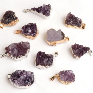 Natural Amethyst Cluster Pendant Necklace Irregular Crystal Mineral Electroplated Alloy Edge Bohemian Sweater Chain