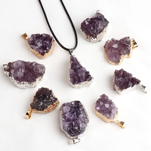 Natural raw amethyst cluster teardrop pendants with gold and silver plated edges