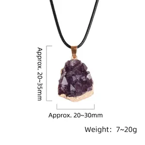 Natural Amethyst Cluster Water Drop Pendant with Gold Edge on Black Cord Necklace