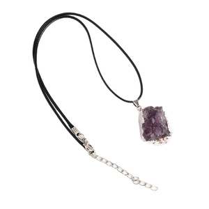 Natural amethyst crystal geode pendant with silver plating on black cord necklace