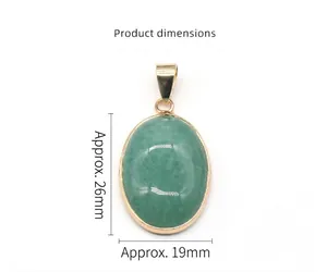 Detail view of 26x19mm oval green agate pendant with gold bezel and dimensions guide