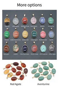Macro view of assorted oval natural stone pendants with 18K gold plated metal edges