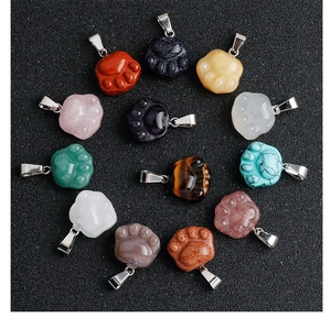 Set of 12 gemstone cat paw pendants including tiger eye and rose quartz with silver bails