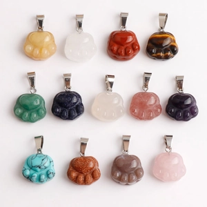 Cute Cat Paw Natural Stone Pendant Necklace Amethyst Tiger Eye Rose Quartz Crystals Healing Jewelry For Women Girls