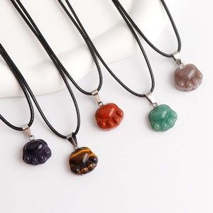 Natural gemstone cat paw pendants with black cords in amethyst and aventurine stone