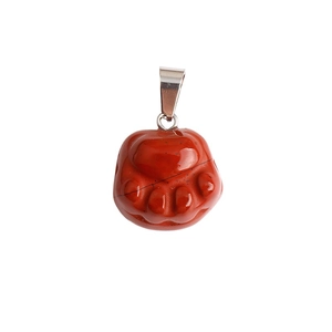 Natural red jasper stone cat paw pendant with silver metal clasp on white background