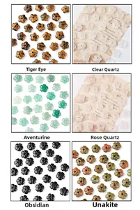 Detailed close-up of 14mm flower-shaped beads in tiger eye, quartz, and various natural stones