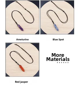Hexagonal amethyst, blue spot, and red jasper crystal pendants with adjustable cords