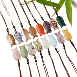 Fish-shaped natural stone pendant necklace set with assorted crystal and adjustable cord