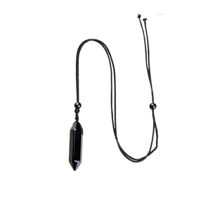 Polished black obsidian hexagonal prism pendant necklace with black braided cord