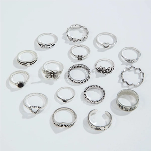 Vintage silver ring set with black gemstones and butterfly designs on white background
