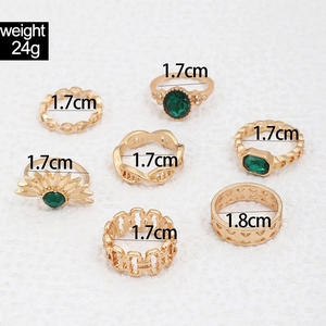 Detailansicht des 7-teiligen Gold-Schlangenring-Sets mit smaragdgrünen Steinen