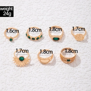 Detailansicht von 7 goldenen Ringen mit Smaragdsteinen und Größenangaben in cm