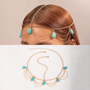 Detail of bohemian gold layered head chain with turquoise water-drop pendants and lobster clasp