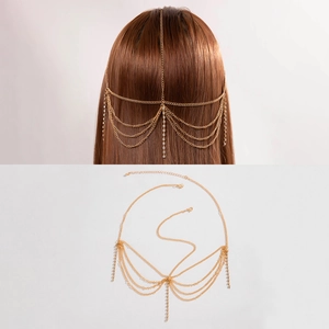 Detail of layered gold tassel hair chain with sparkling rhinestones for exotic bohemian styling